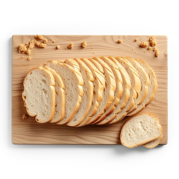 Sliced bread on wooden cutting board isolated on white background