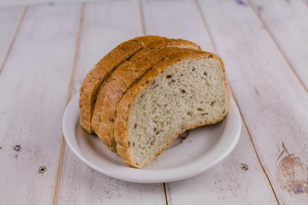 A sliced bread on a wooden table