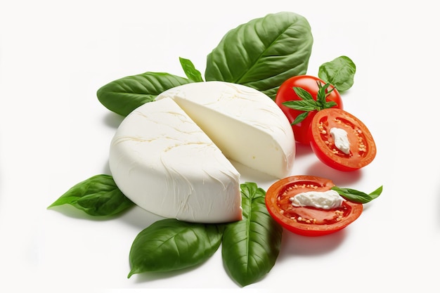 Mozzarella di bufala a fette isolata con un tracciato di ritaglio su sfondo bianco