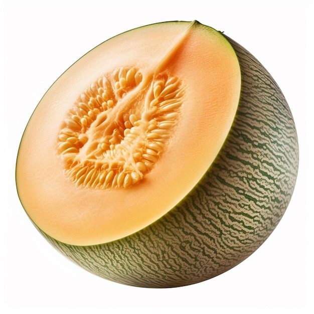 A sliced cantaloupe with a center cut in half.