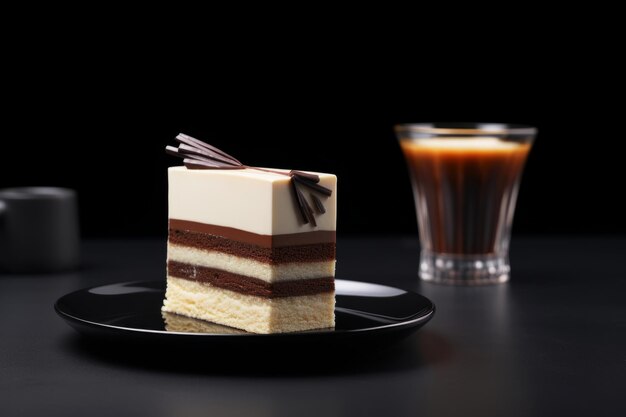 A sliced caramel cake on a black plate