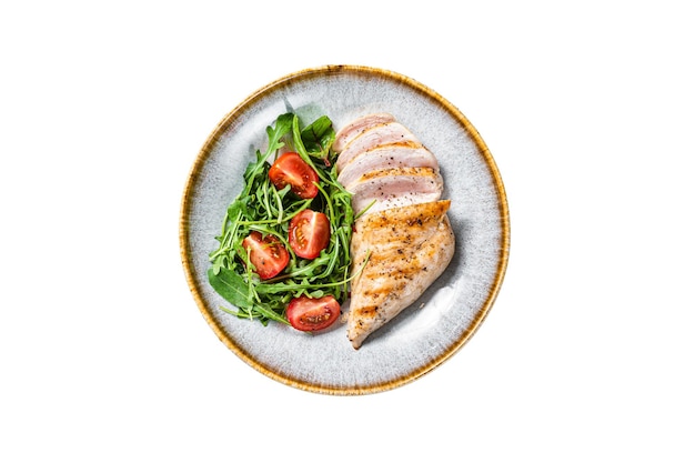 Sliced chicken breast fillet steak with green salad in a plate Isolated on white background