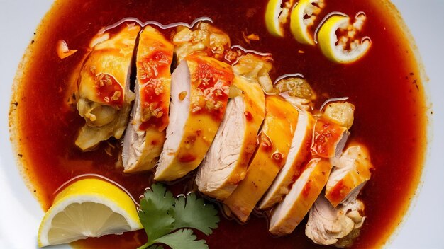 Sliced chicken in spicy sauce