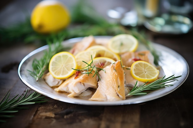 Sliced chicken with lemon wedges and rosemary sprigs