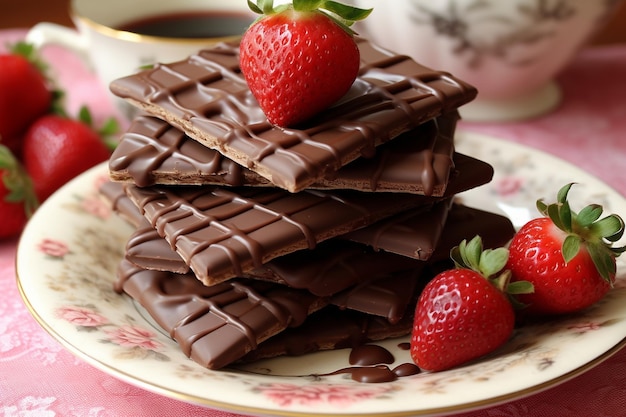 Sliced chocolate bar on plate