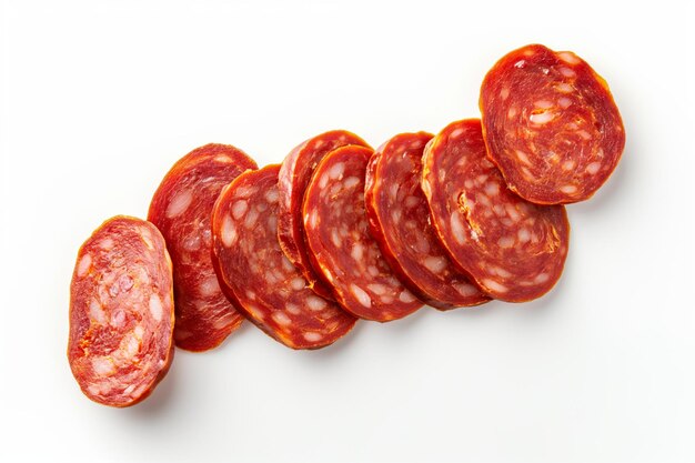 Sliced chorizo salami arranged on a white background vibrant in color with a top view angle