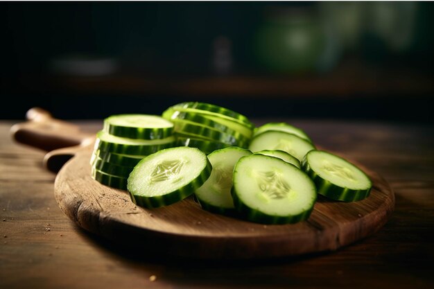 Sliced cucumber on cutting board on wooden background