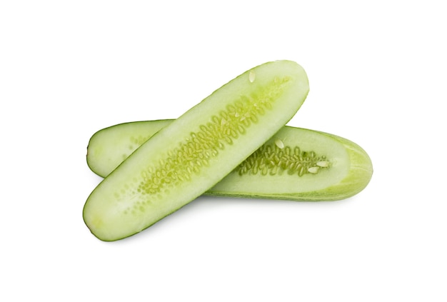 Sliced cucumber inner side close up view on isolated white background