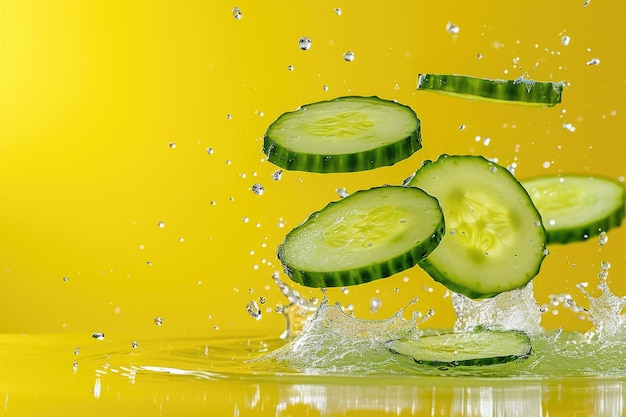 Sliced cucumber isolated on a yellow background Place for text