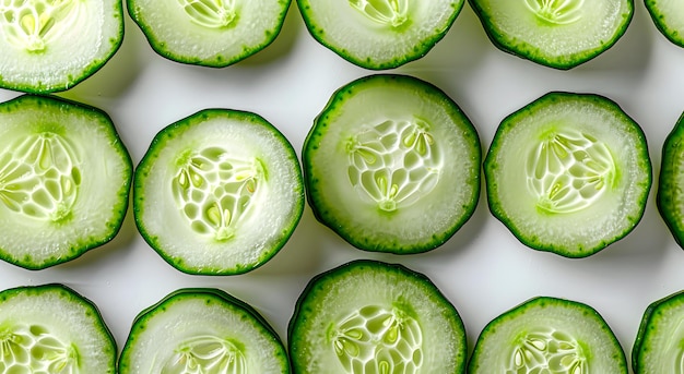 Photo sliced cucumbers are neatly arranged on a white background