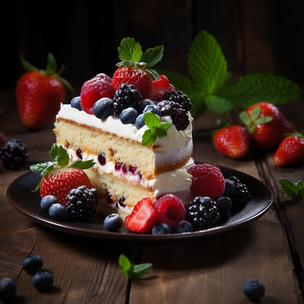 Sliced delicious vanilla cake with fresh berries on wooden table