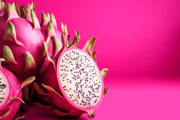 Sliced dragon fruit on vibrant pink background showcasing black seeds and white flesh