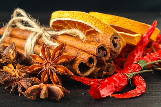 Sliced of dried Orange with cinnamon sticks and Anise