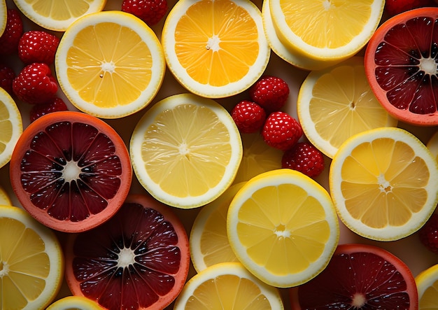 Sliced fresh fruits on a yellow background