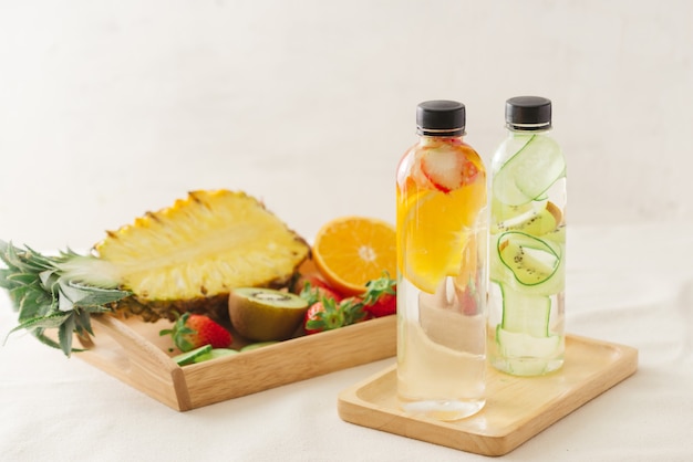 Sliced fresh organic fruits prepared to make infused water