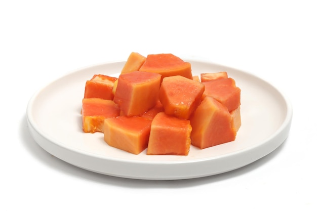 Sliced fresh organic papaya delicious fruit in a white plate isolated on white background