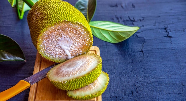 Sliced fresh raw green jackfruit reveals the white pulp and white latex of the jackfruit