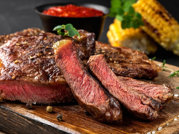 Sliced, fried, spiced, delicious juicy steaks with herbs on a wooden board, grilled corn, red sauce in a small dark bowl on a black background. Cooking, restaurant concept. Close-up shot. Side view.