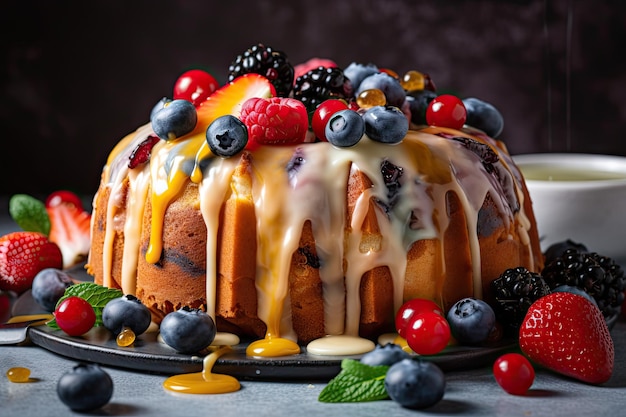 유약을 뿌린 슬라이스 과일 케이크와 인공 지능으로 만든 신선한 베리를 얹은 케이크