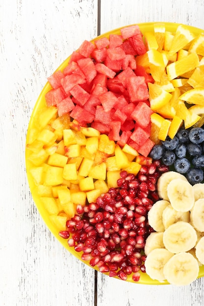 Sliced fruits on plate on wooden table