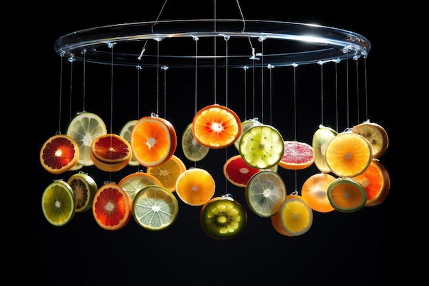 透明性を高めるために背面に照らされたゼラチンに吊り下げられたスライスされた果物