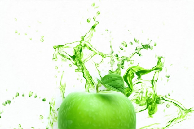 Sliced green apple fruit in a splash of lettuce juice