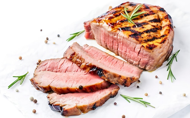 Sliced grilled club beef meat steak or new york steak Isolated on white background