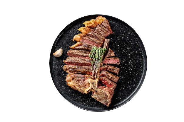 Sliced Grilled Florentine steak T bone meat beef Isolated on white background