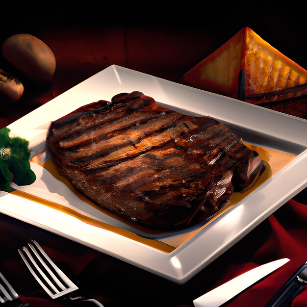 Нарезанный на кусочках грилированный мясной стейк Нью-Йорк Стриплойн с соусом и картошкой на деревянной доске на сером фоне