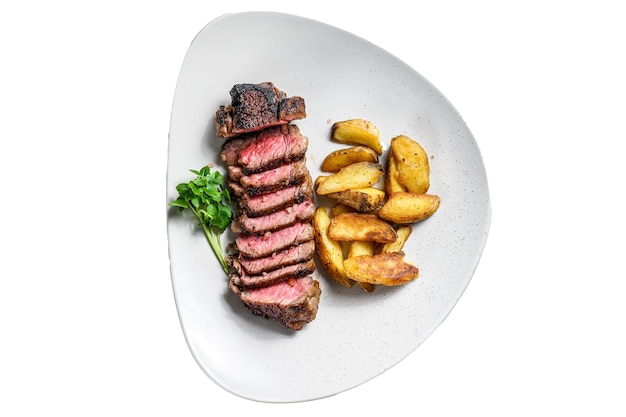 Sliced Grilled rump Beef steak with potato Isolated on white background