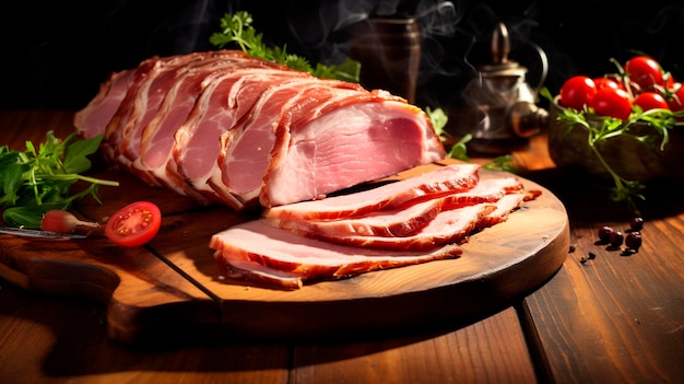 Sliced ham ham on a wooden board