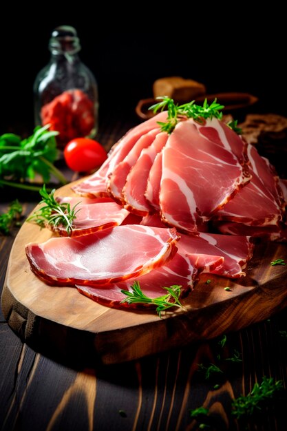 Sliced ham ham on a wooden board