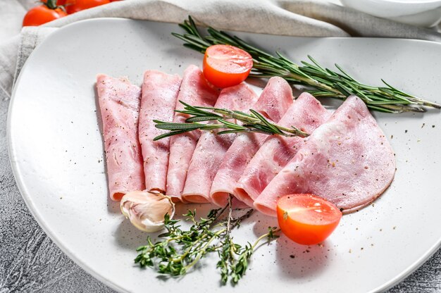 Sliced ham on table