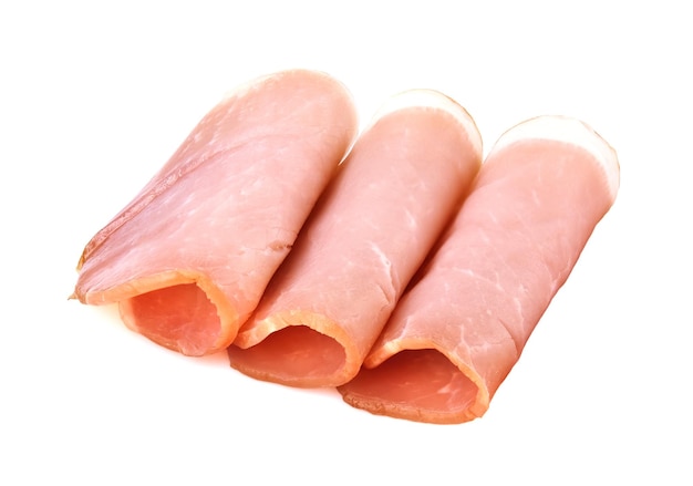 Sliced ham on white background Fresh prosciutto
