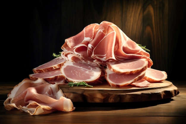 Sliced ham on wooden cutting board Fresh prosciutto Pork ham sliced