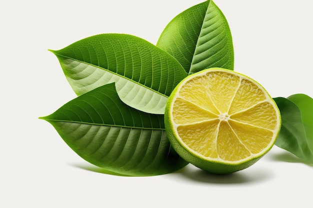 Sliced juicy lime and leaves isolated on a white backdrop