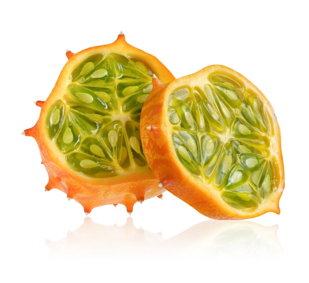 Sliced kiwano fruit isolated on white background with clipping path