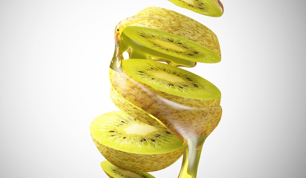 Sliced kiwi fruit pieces with pouring honey on gradient background