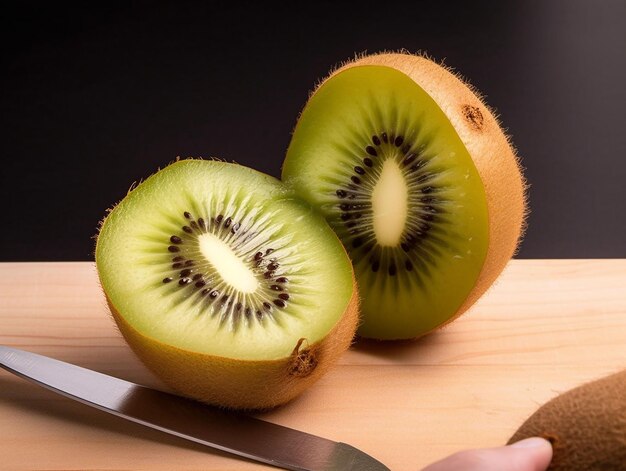 Sliced kiwi on wooden table with dark background ai generative