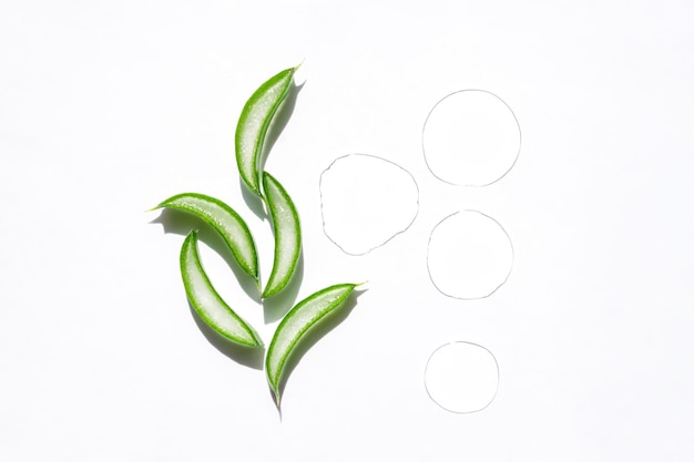 Sliced leaf of aloe vera on white background Natural organic ingredient for cosmetics Aloe gel