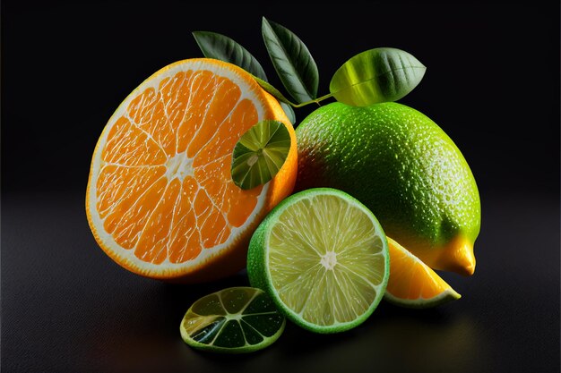 Sliced lemon and orange on black background