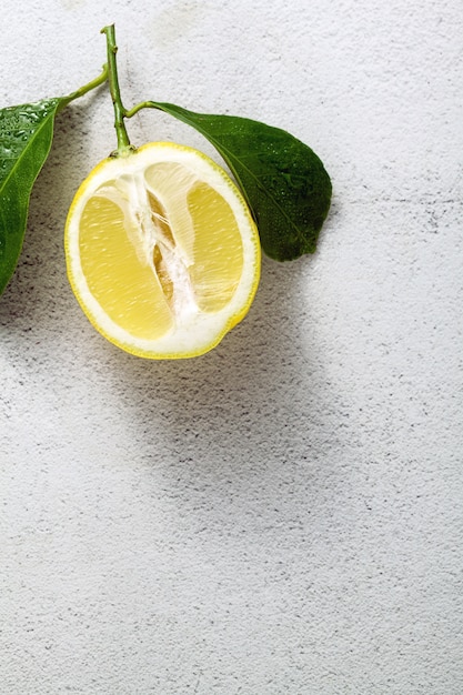 Sliced lemon on a white stone table with leaves.