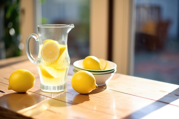 Sliced lemons beside a pitcher on a sunny patio table