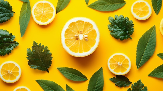 sliced lemons with marijuana leaves on yellow background