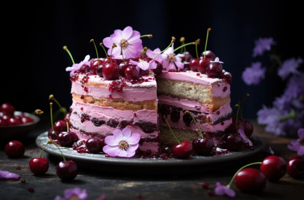 Sliced Lilac cake on a plate decorated with cherries blackberries and flowers dark wooden table