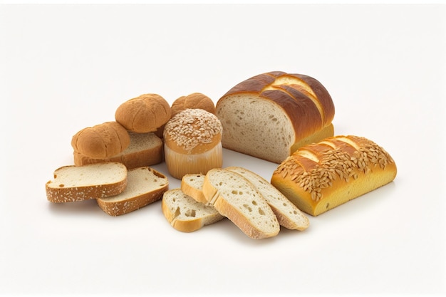 Sliced loaves of bread and rolls on a white background