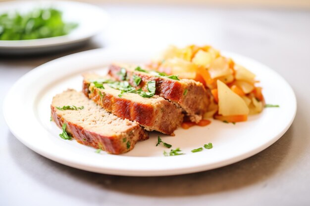 Sliced meatloaf on white plate with parsley garnish