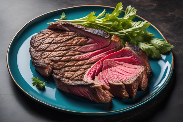 Sliced medium rare roast beef with parsley on blue plate generative ai