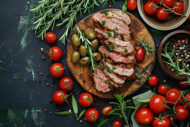 Sliced mediumrare grilled steak on a wooden board garnished with herbs alongside cherry tomatoes