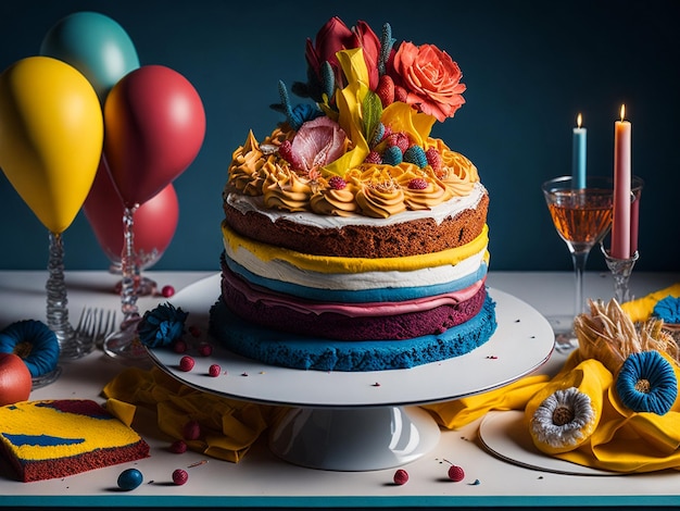 Sliced multicolored rainbow cake Cake with layers of bright colors inside